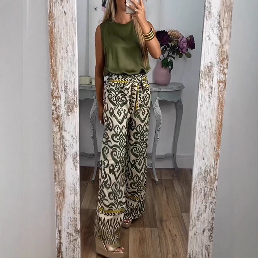 Women's Printed Belt Loose Casual Wide-leg Pants