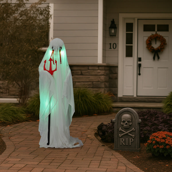 4.3ft Halloween Decorations Outdoor Life Size Animatronics Ghost With Trident, Sound-Actived Party Decor With Green Lights And Creepy Sound, Scary Haunted House Props For Garden Yard Lawn