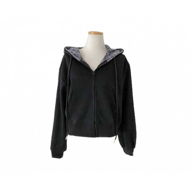 Korean Chic Casual Loose Temperament All-match Plaid Stitching Hooded Sweater