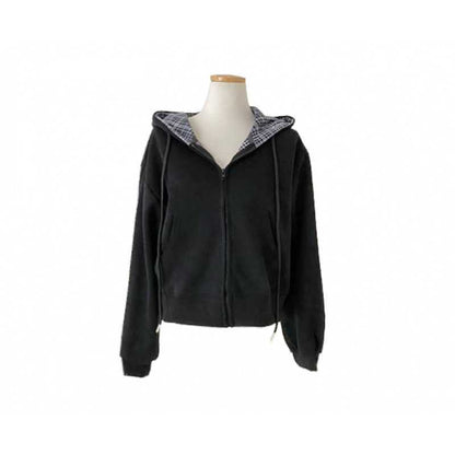 Korean Chic Casual Loose Temperament All-match Plaid Stitching Hooded Sweater