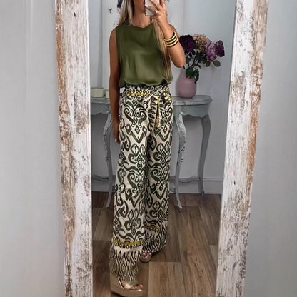 Women's Printed Belt Loose Casual Wide-leg Pants