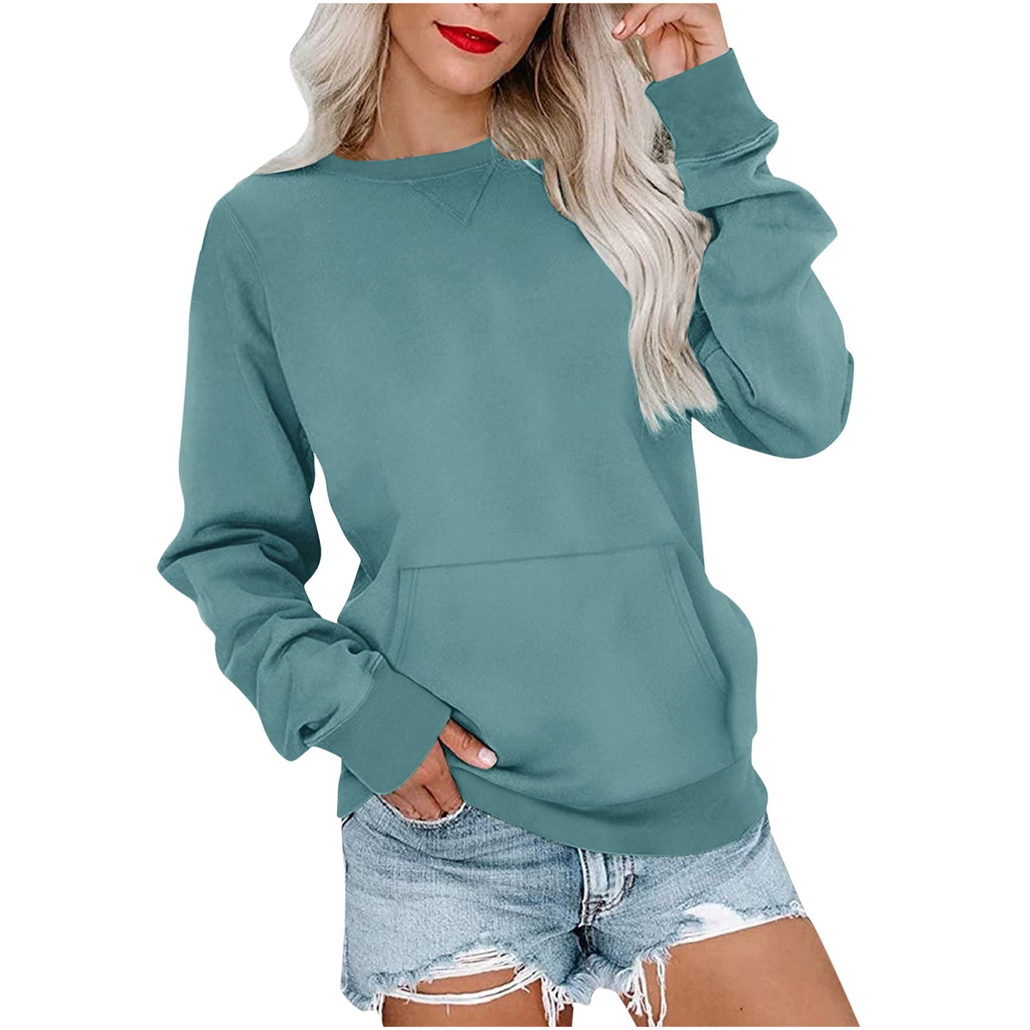 Women's Pin Solid Color Round Neck Loose Long-sleeved Sweater