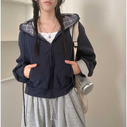 Korean Chic Casual Loose Temperament All-match Plaid Stitching Hooded Sweater