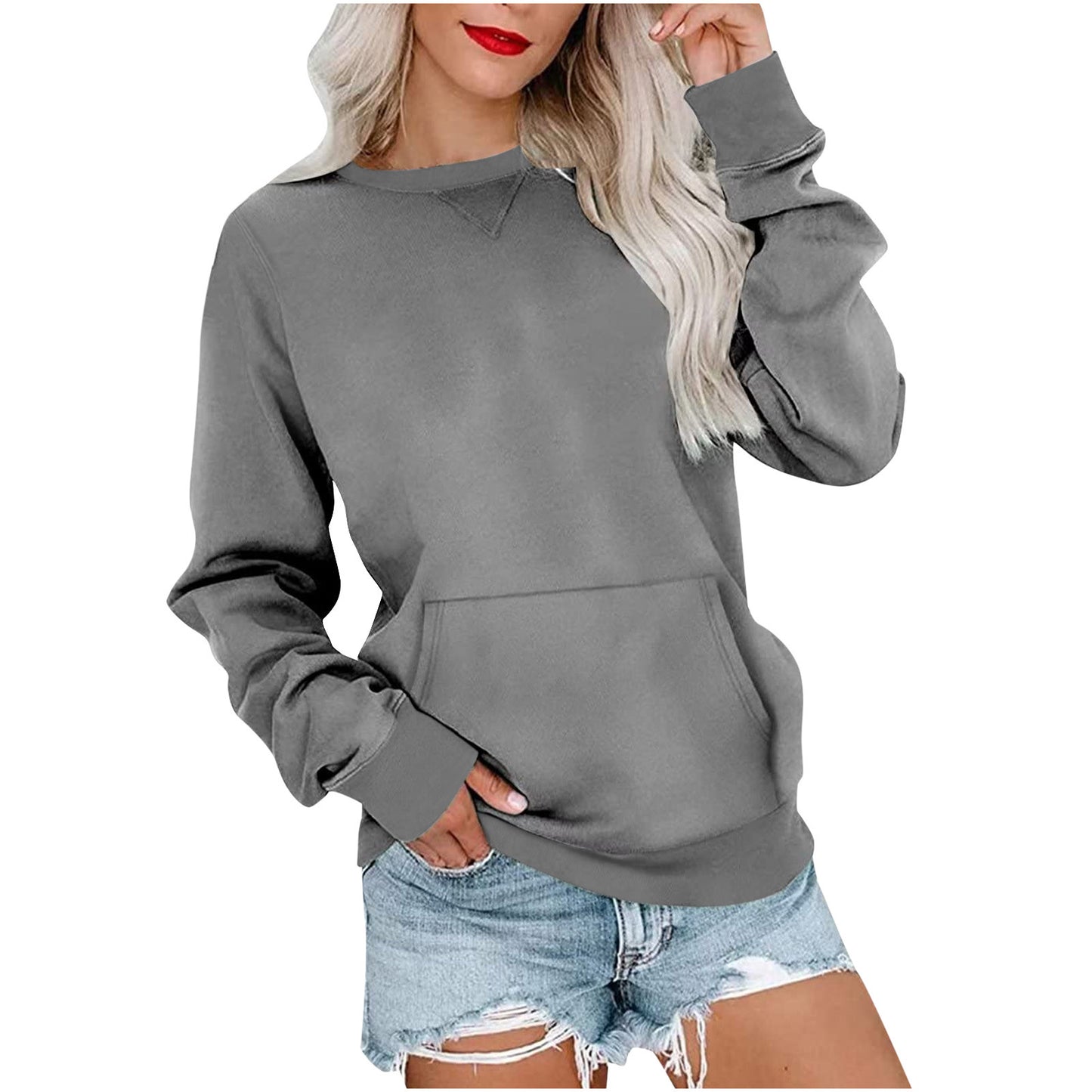 Women's Pin Solid Color Round Neck Loose Long-sleeved Sweater