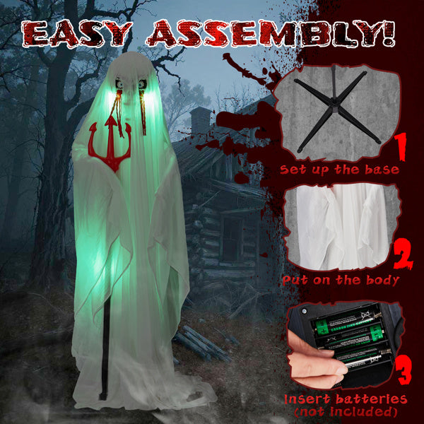 4.3ft Halloween Decorations Outdoor Life Size Animatronics Ghost With Trident, Sound-Actived Party Decor With Green Lights And Creepy Sound, Scary Haunted House Props For Garden Yard Lawn
