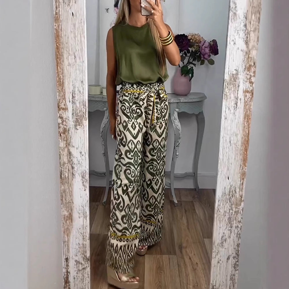 Women's Printed Belt Loose Casual Wide-leg Pants