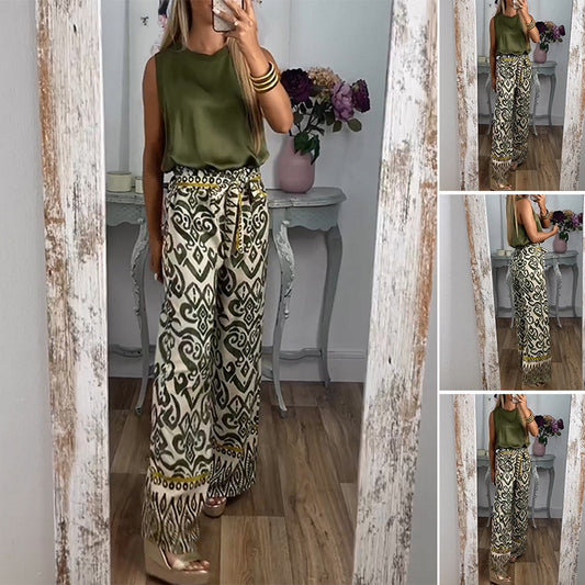 Women's Printed Belt Loose Casual Wide-leg Pants