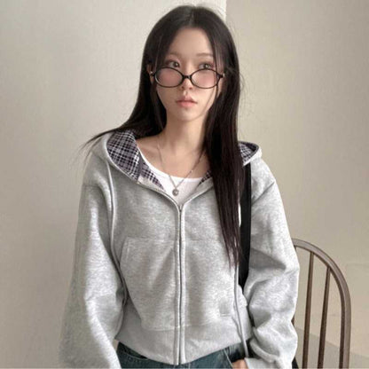 Korean Chic Casual Loose Temperament All-match Plaid Stitching Hooded Sweater