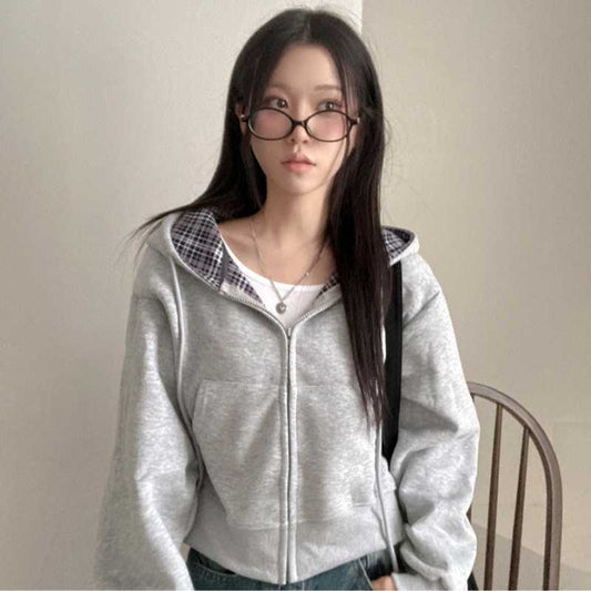 Korean Chic Casual Loose Temperament All-match Plaid Stitching Hooded Sweater