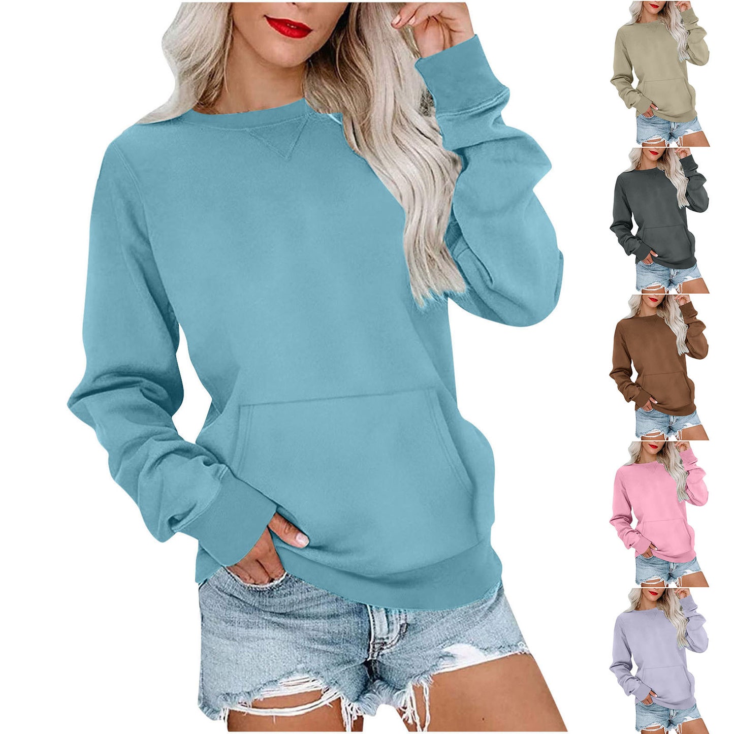 Women's Pin Solid Color Round Neck Loose Long-sleeved Sweater