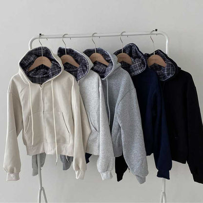 Korean Chic Casual Loose Temperament All-match Plaid Stitching Hooded Sweater