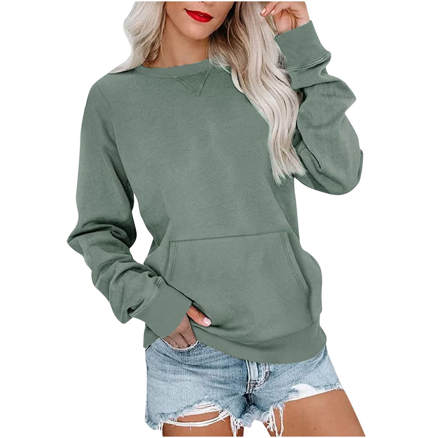 Women's Pin Solid Color Round Neck Loose Long-sleeved Sweater