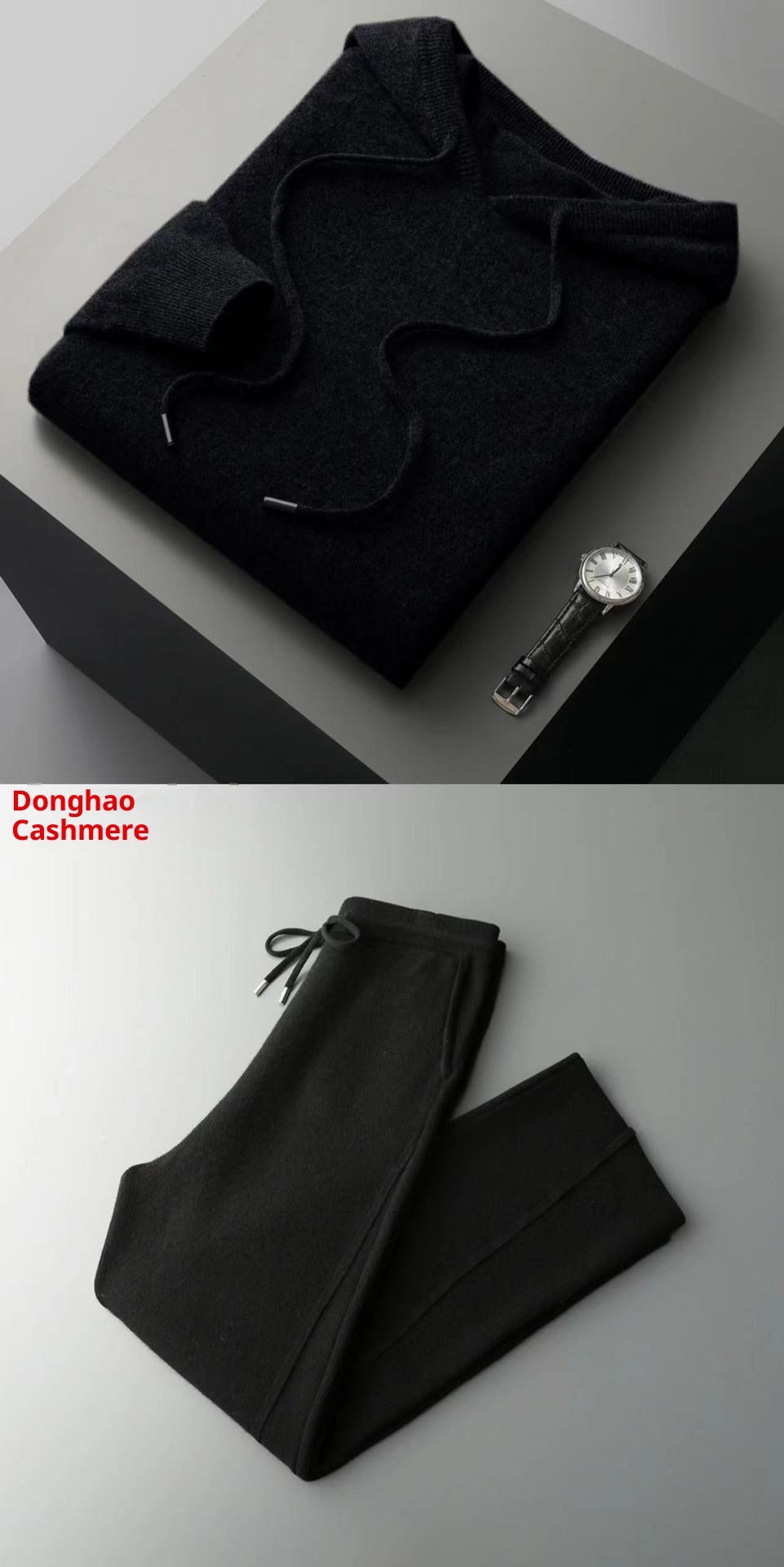 Seamless Hoodie Pure Wool Men's Knitted Pants With Drawstring Two-piece Set