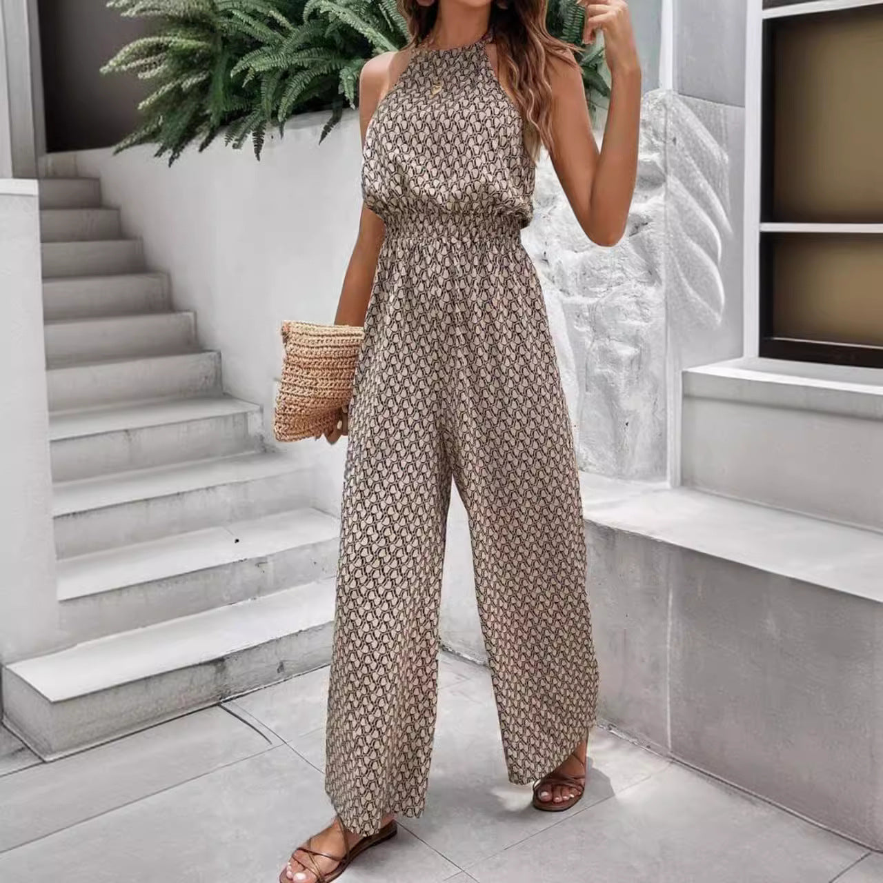 Casual Sleeveless Geometric Print Leopard Jumpsuit