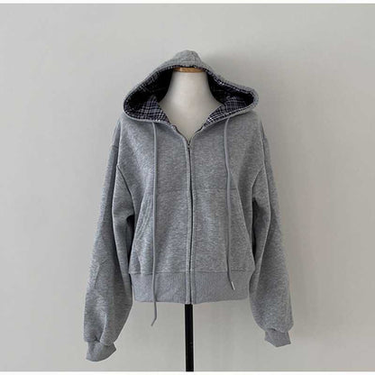 Korean Chic Casual Loose Temperament All-match Plaid Stitching Hooded Sweater