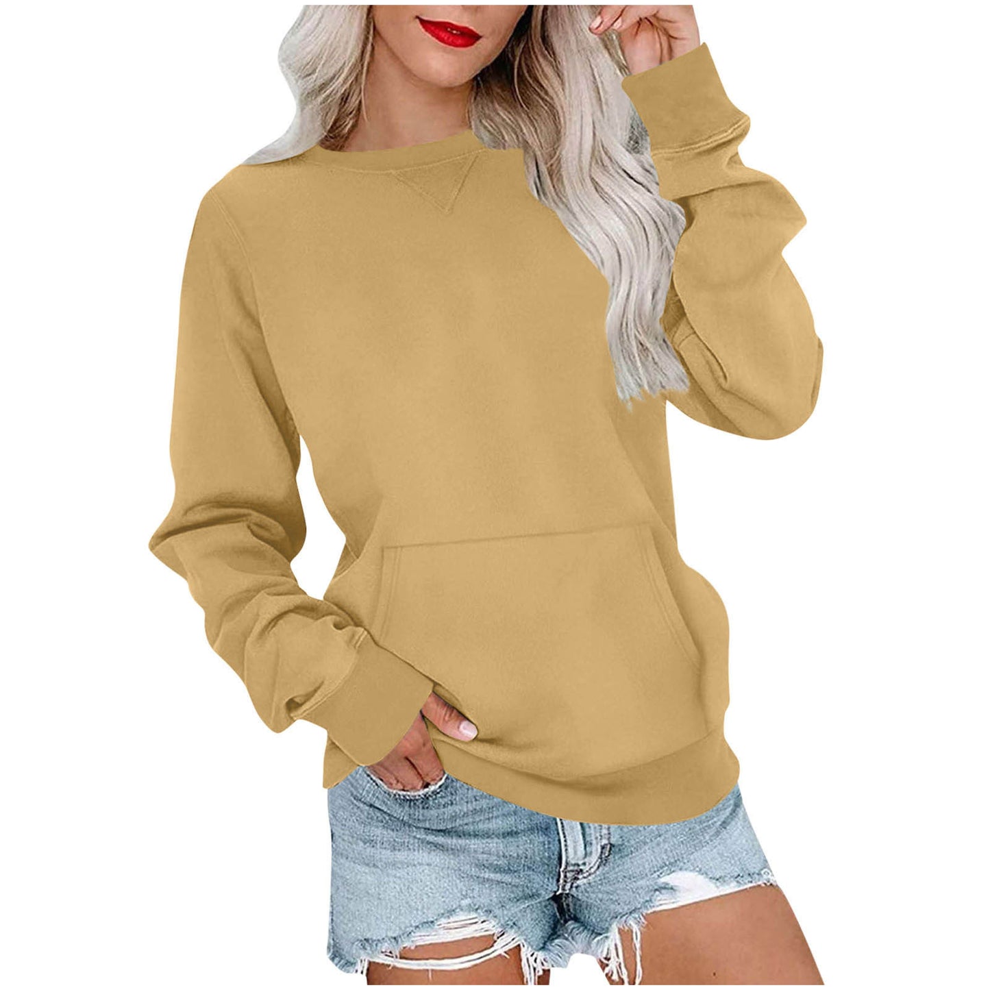 Women's Pin Solid Color Round Neck Loose Long-sleeved Sweater