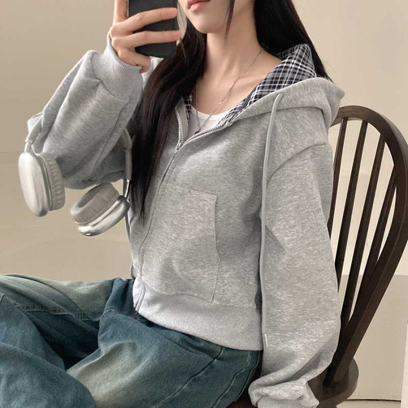 Korean Chic Casual Loose Temperament All-match Plaid Stitching Hooded Sweater