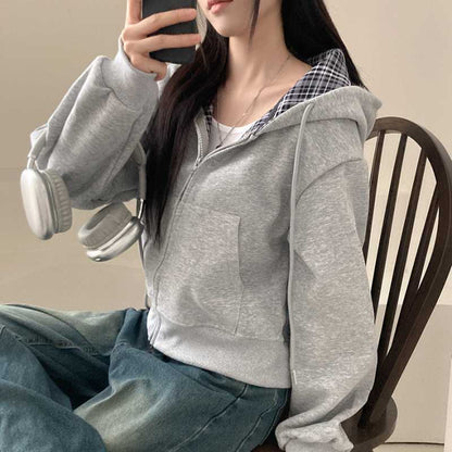 Korean Chic Casual Loose Temperament All-match Plaid Stitching Hooded Sweater