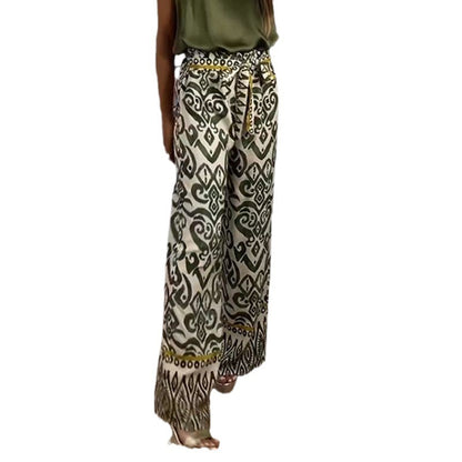Women's Printed Belt Loose Casual Wide-leg Pants