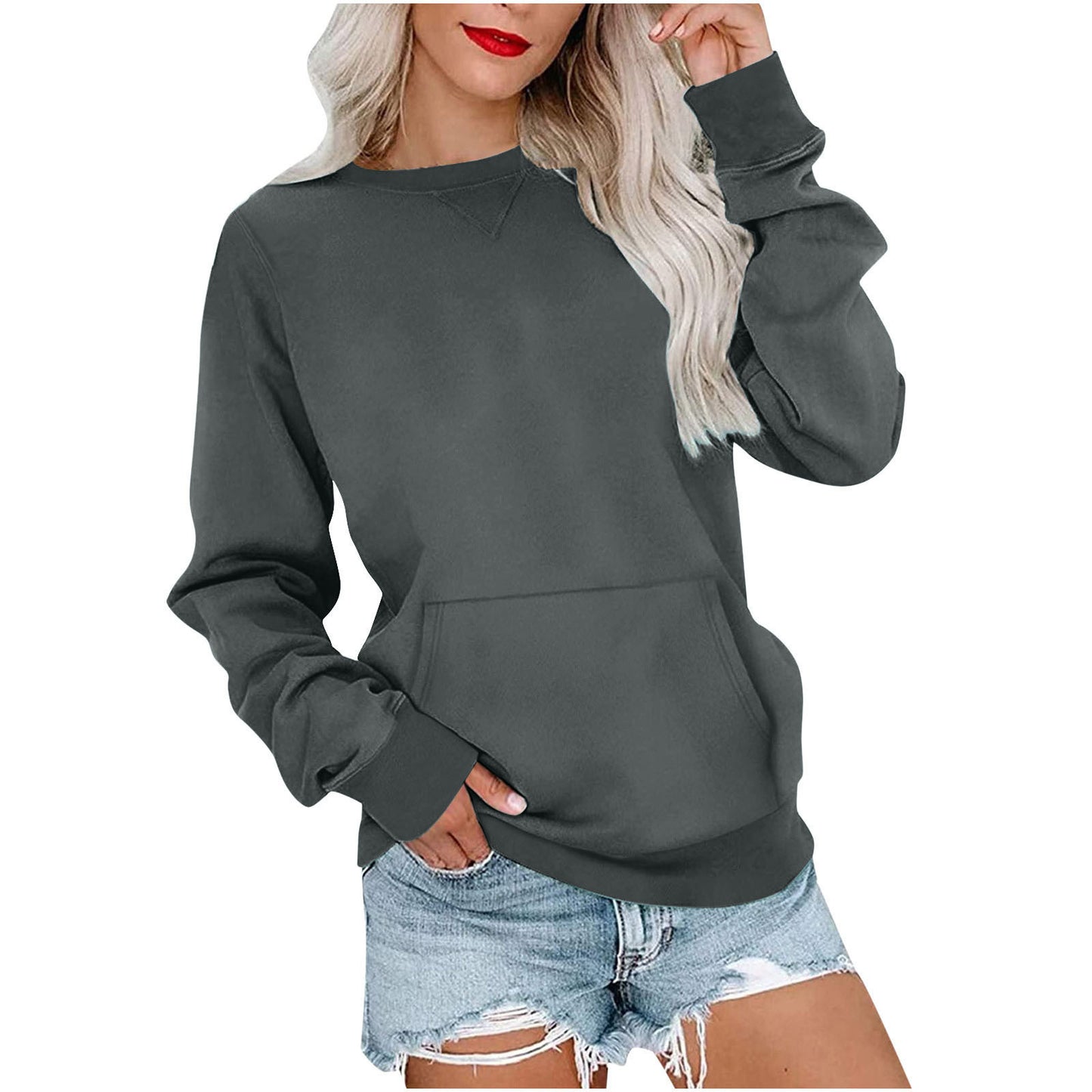 Women's Pin Solid Color Round Neck Loose Long-sleeved Sweater