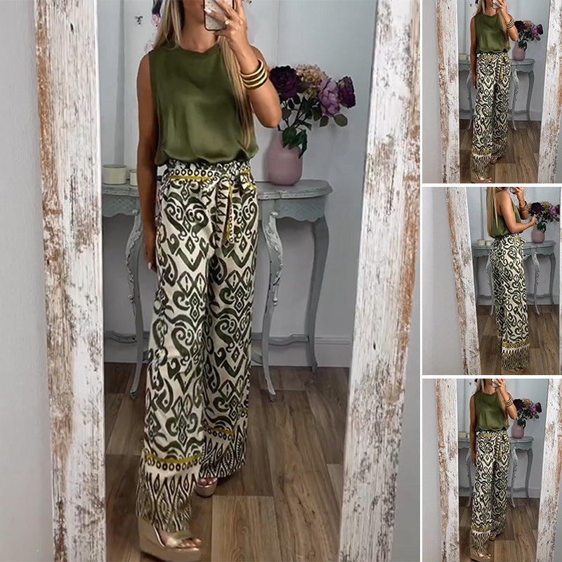 Women's Printed Belt Loose Casual Wide-leg Pants