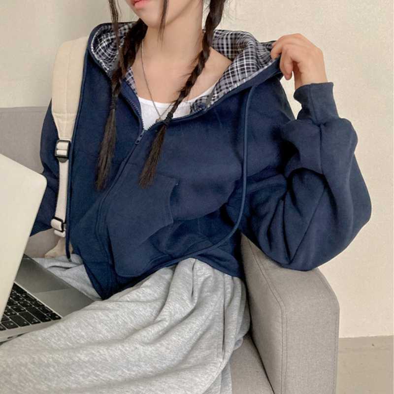 Korean Chic Casual Loose Temperament All-match Plaid Stitching Hooded Sweater