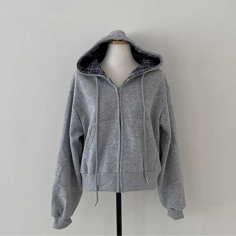 Korean Chic Casual Loose Temperament All-match Plaid Stitching Hooded Sweater
