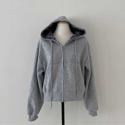 Korean Chic Casual Loose Temperament All-match Plaid Stitching Hooded Sweater