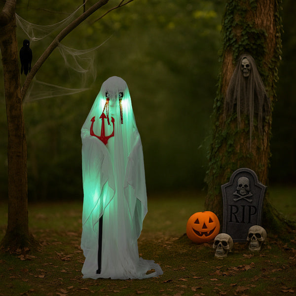 4.3ft Halloween Decorations Outdoor Life Size Animatronics Ghost With Trident, Sound-Actived Party Decor With Green Lights And Creepy Sound, Scary Haunted House Props For Garden Yard Lawn
