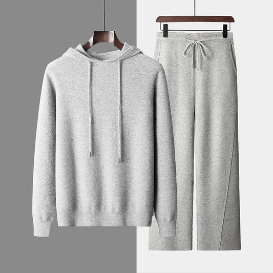 Seamless Hoodie Pure Wool Men's Knitted Pants With Drawstring Two-piece Set