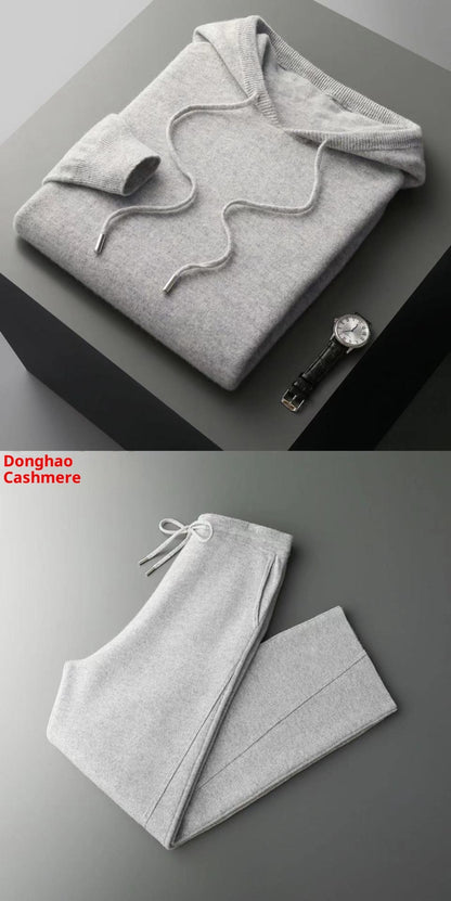 Seamless Hoodie Pure Wool Men's Knitted Pants With Drawstring Two-piece Set