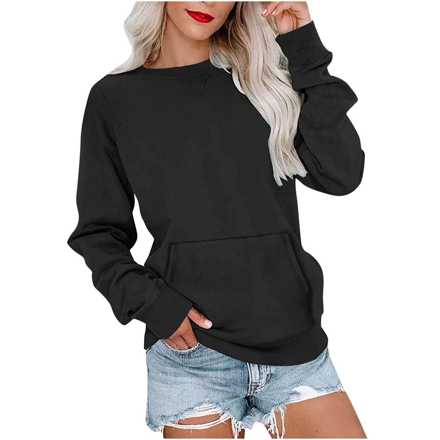 Women's Pin Solid Color Round Neck Loose Long-sleeved Sweater