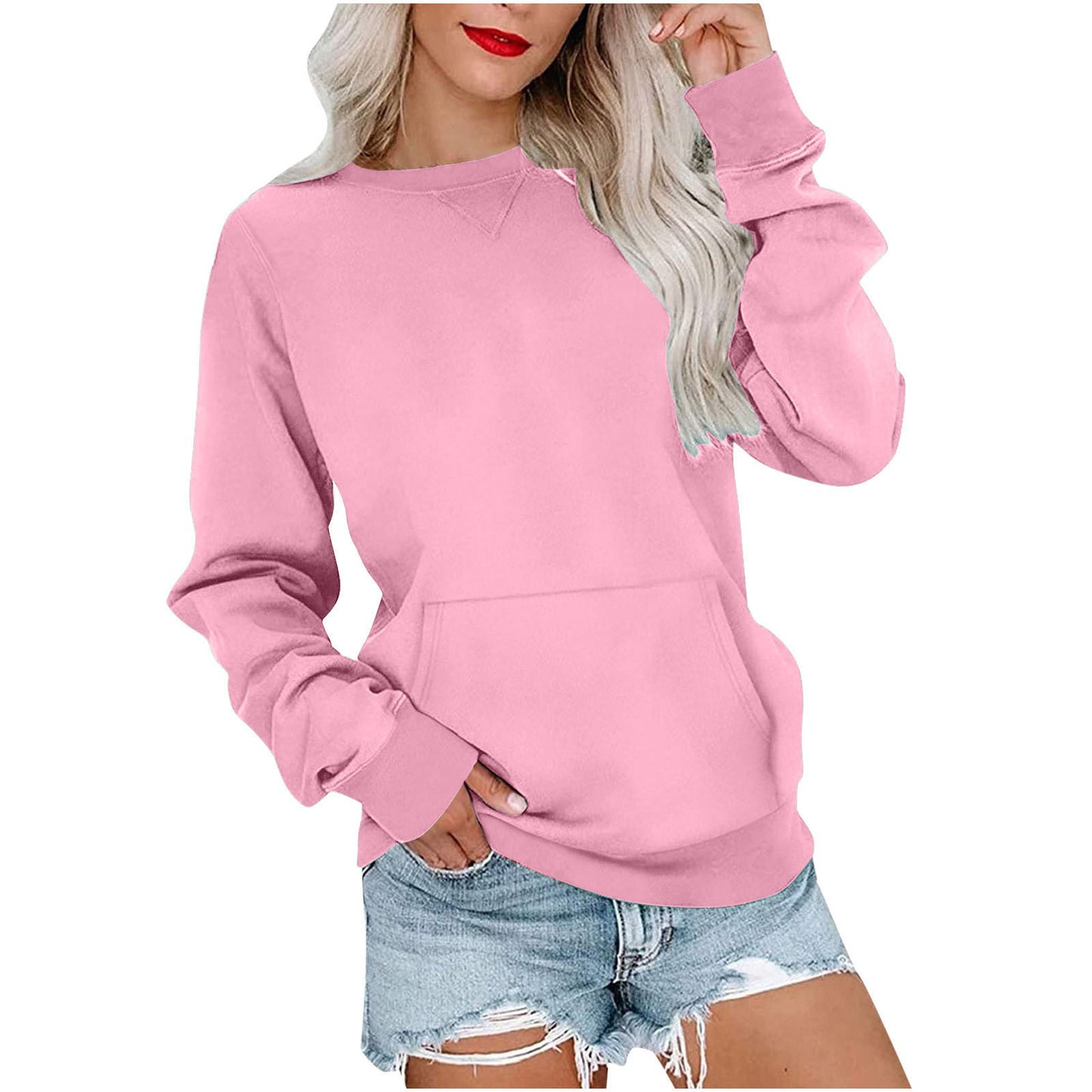 Women's Pin Solid Color Round Neck Loose Long-sleeved Sweater