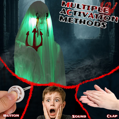 4.3ft Halloween Decorations Outdoor Life Size Animatronics Ghost With Trident, Sound-Actived Party Decor With Green Lights And Creepy Sound, Scary Haunted House Props For Garden Yard Lawn